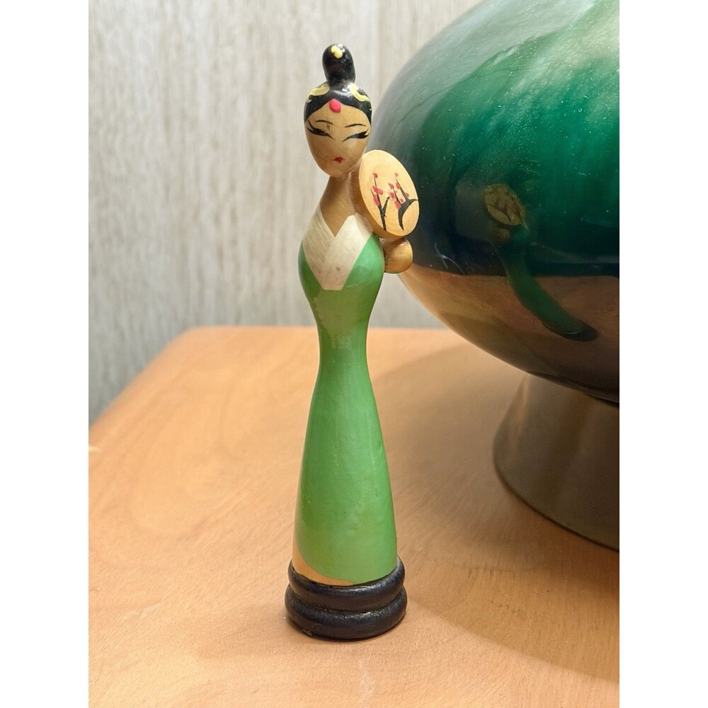 Vintage Japanese Kokeshi Sosaku Doll Figurine Painted Spindle Wood 50's Green